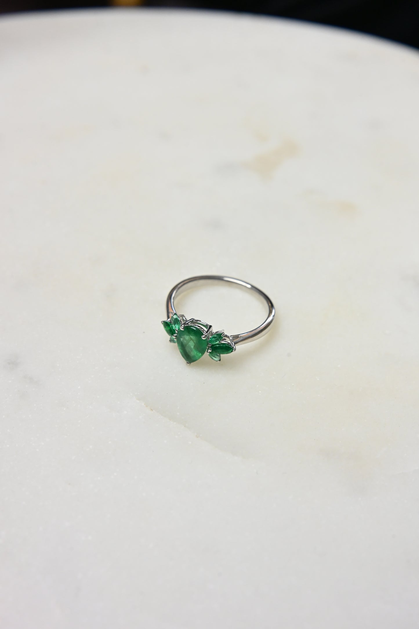 Pear Emerald Floral Ring