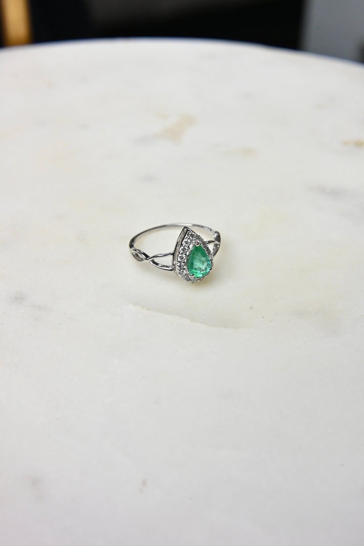 Emerald Pear Halo Ring