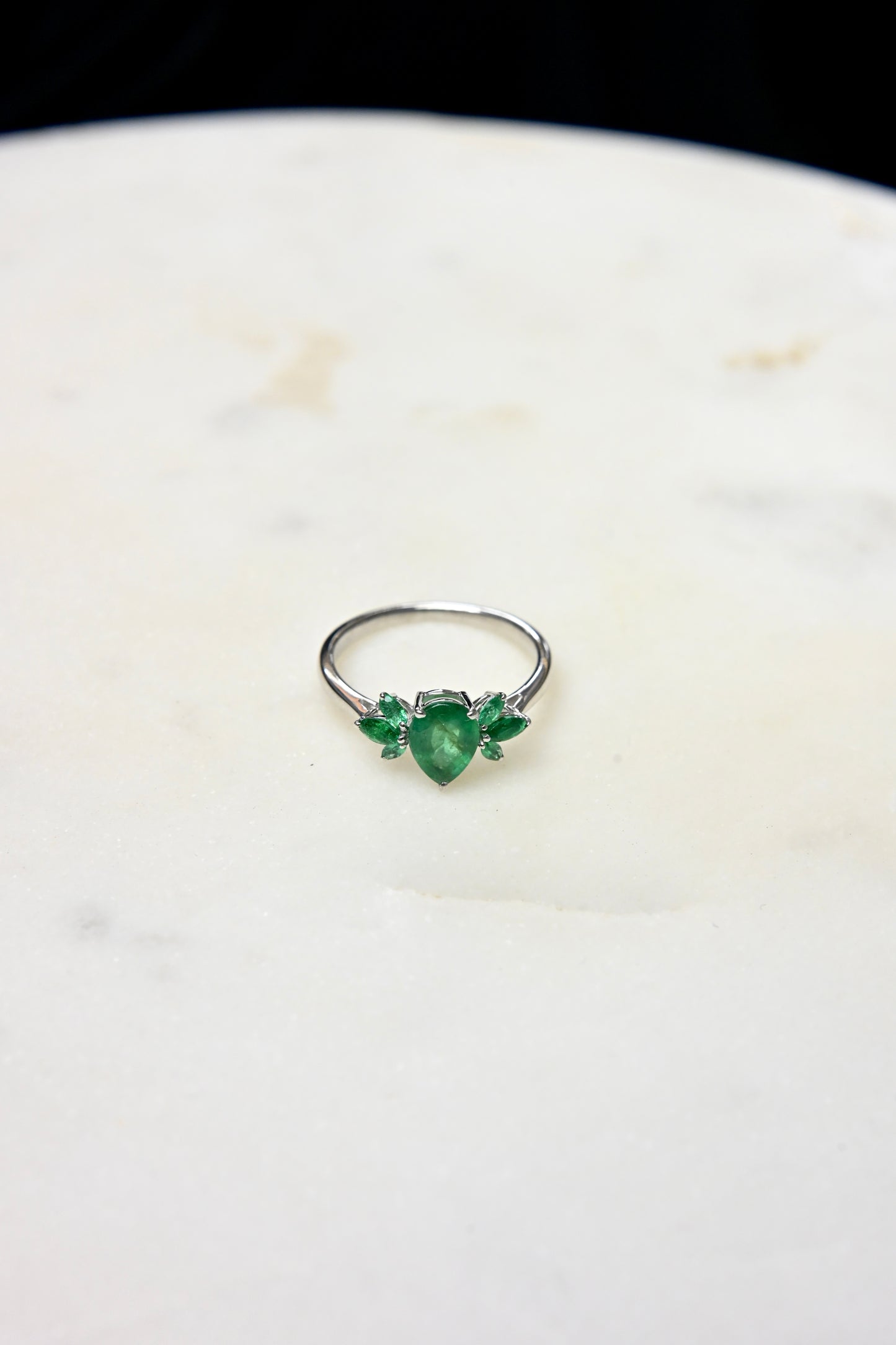 Pear Emerald Floral Ring
