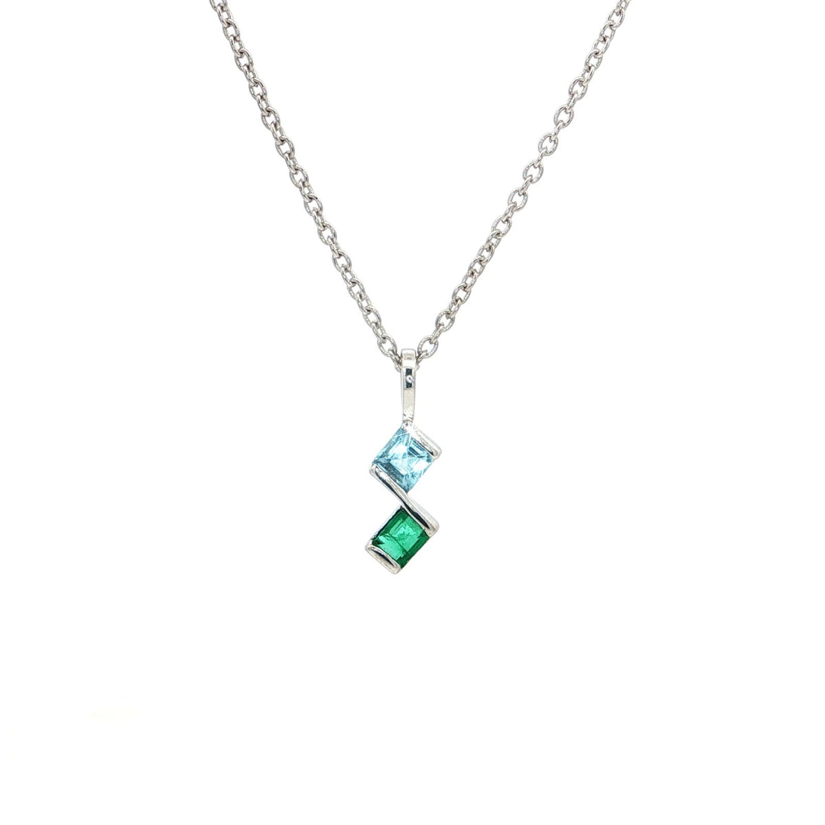 Natural Emerald & Aquamarine Geometric Pendant Necklace