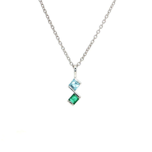 Natural Emerald & Aquamarine Geometric Pendant Necklace