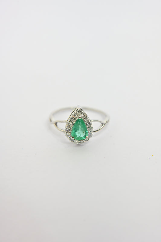 Emerald Pear Halo Ring