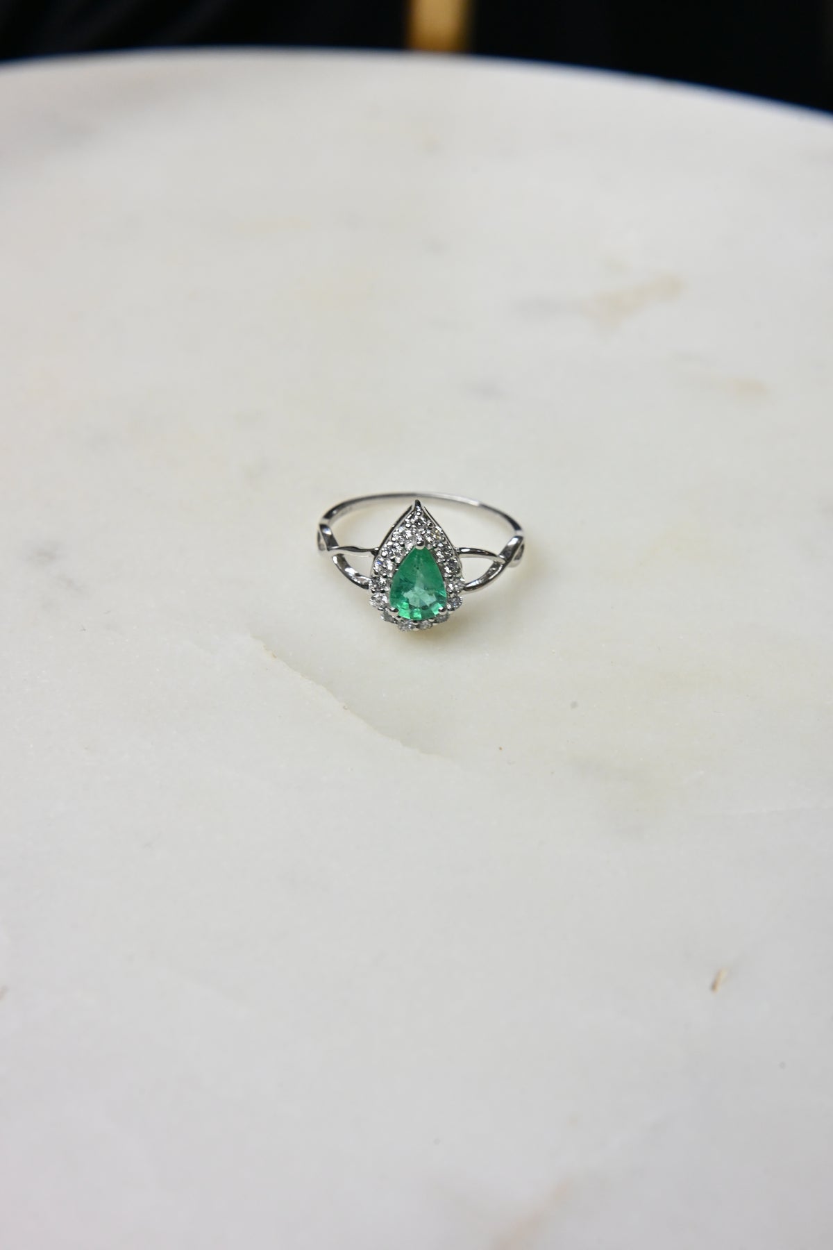 Emerald Pear Halo Ring