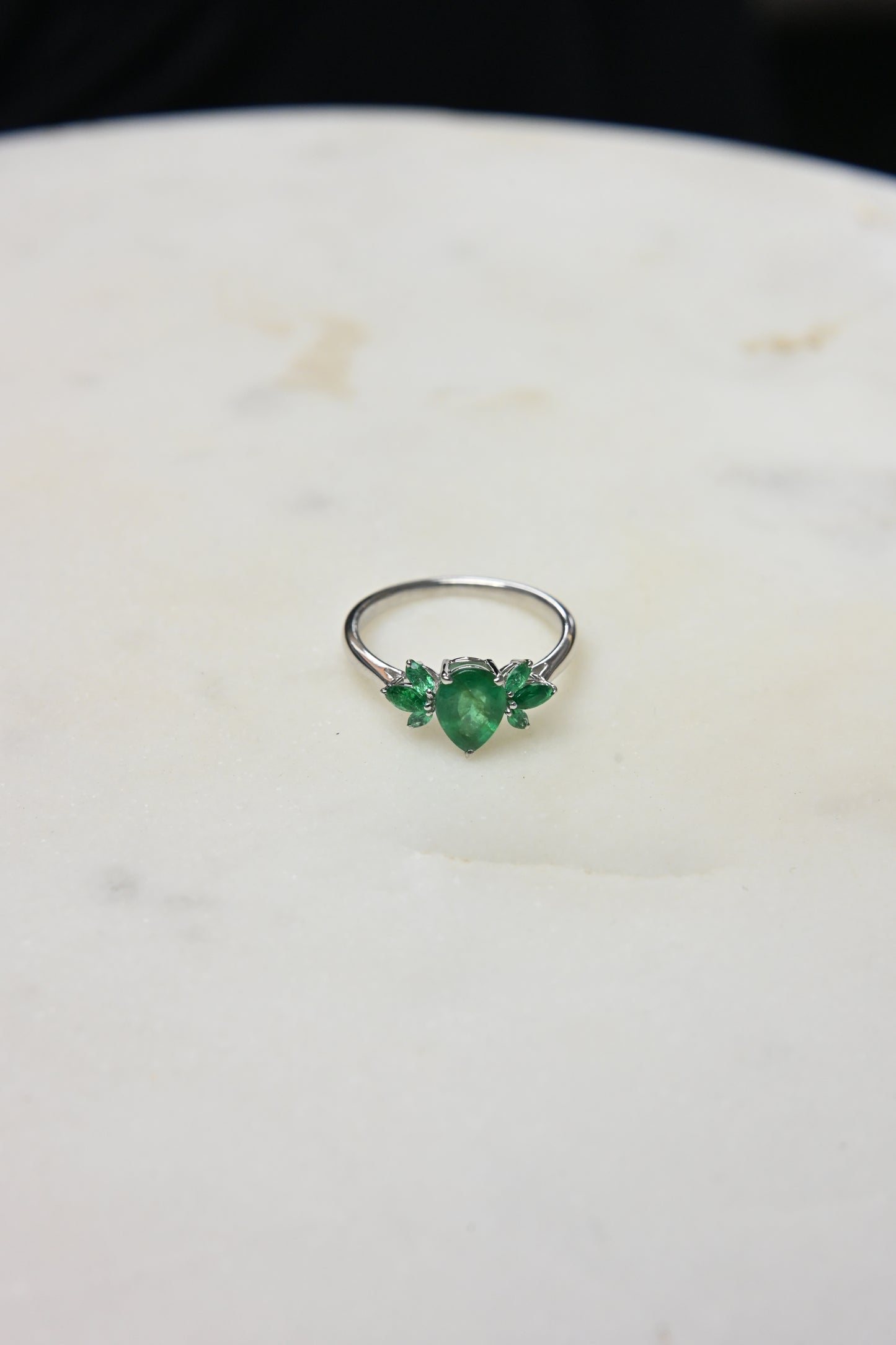 Pear Emerald Floral Ring